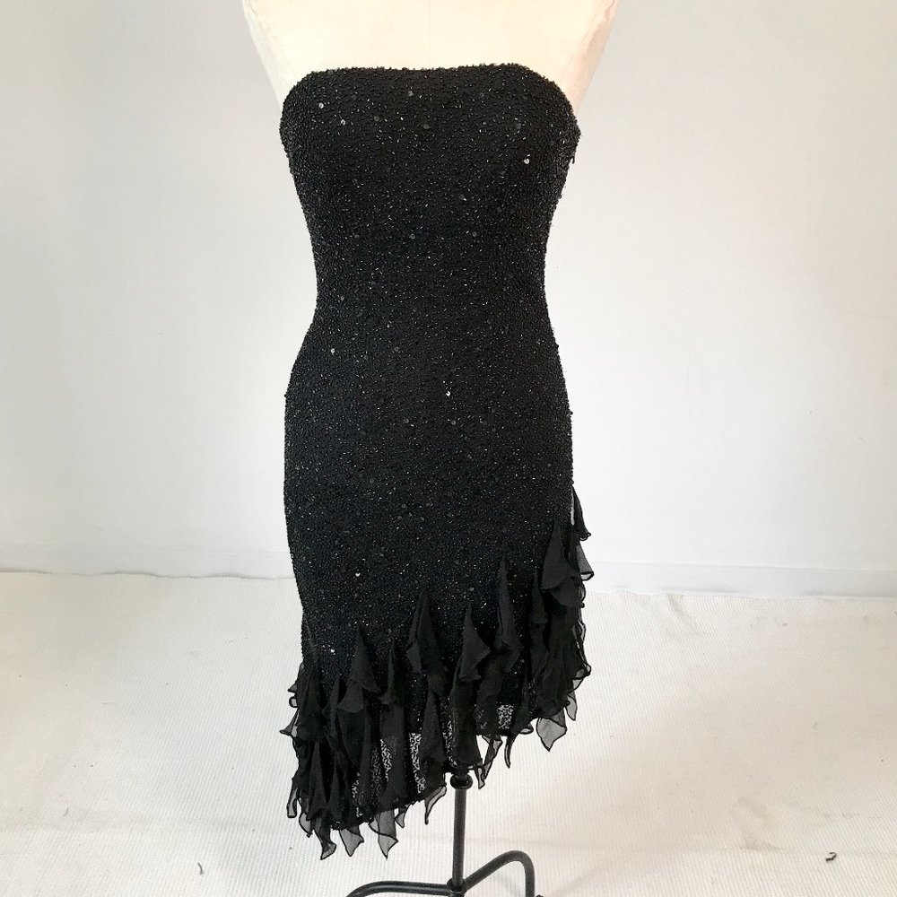 WHBM 6 Silk Beaded Ruffle Cocktail Dress Black LBD